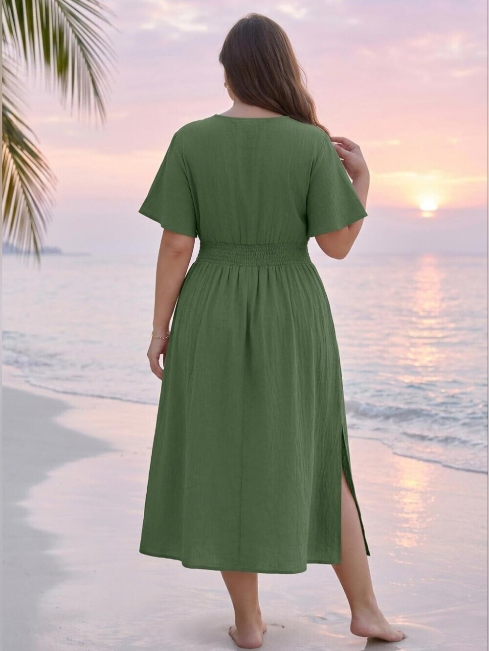 NWT Plus Size Sage Green Boho Maxi Dress 1X | Smocked Waist Pockets - Picture 3 of 6